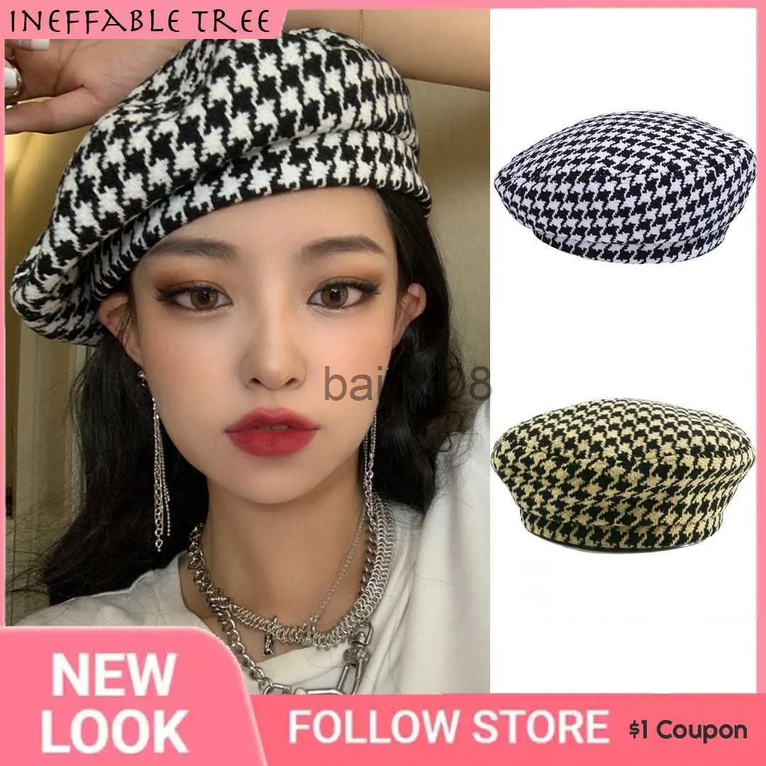 Stingy Brim Chapeaux Corée Automne Hiver Plaid Femmes Bérets Mode Blk Béret Tricot Femal Casquettes Plates France Chapeaux Dames Artiste Cap Thanksgiving Cadeaux J230802