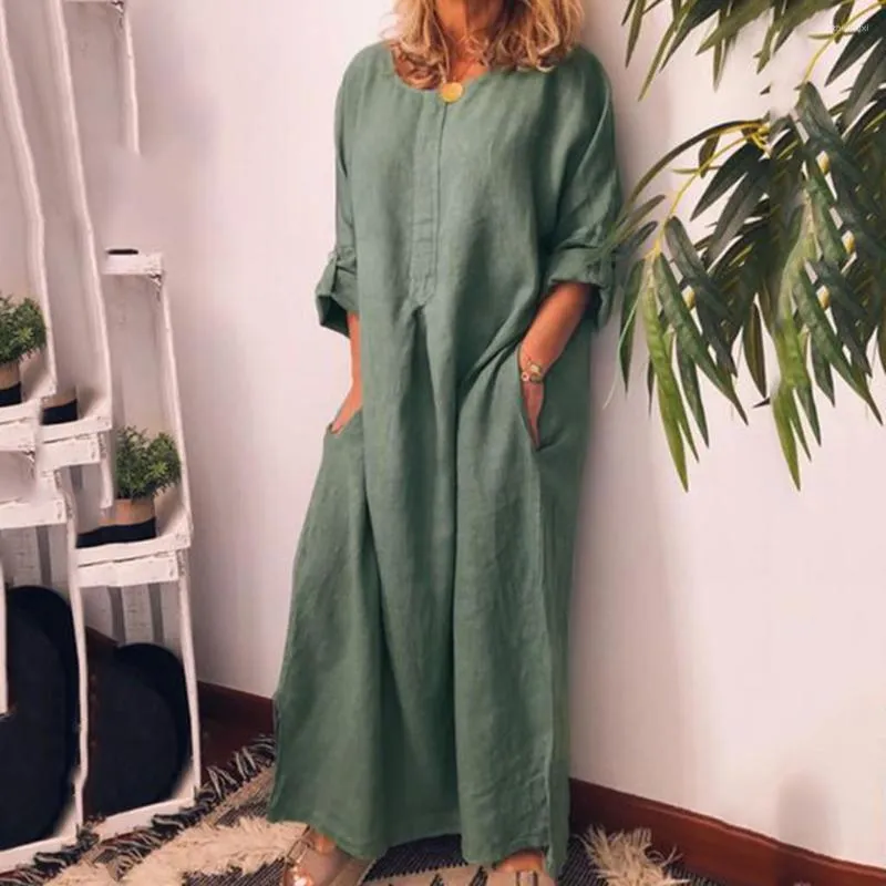 Robes décontractées Vintage Maxi robe femmes à manches longues solide col rond été avec poches lâche taille haute rétro Vestidos