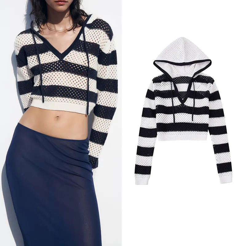 Sweat à capuche pour femme Sweat-shirt à capuche tricoté Jeunes dames pour femmes SummerStriped Jacquard Mesh Casual Crop Tops Vêtements de mode 230802