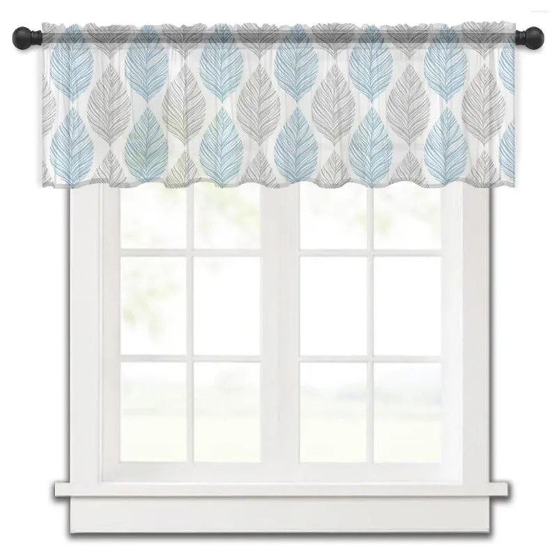 Rideau bleu gris feuille Texture feuilles cuisine petite fenêtre Tulle pure courte chambre salon décor à la maison Voile rideaux
