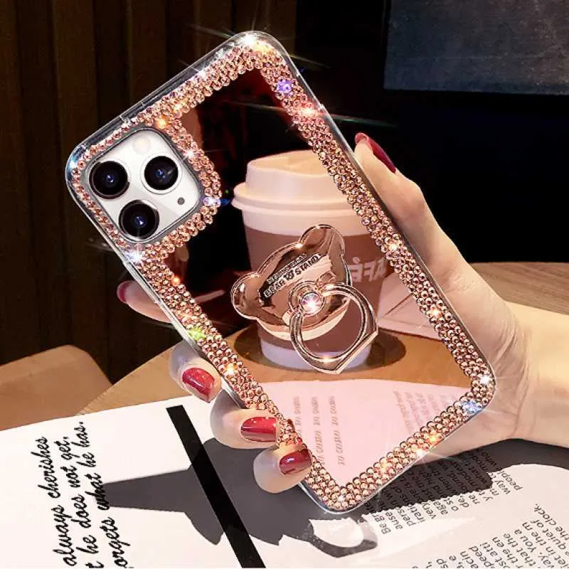Корпуса сотового телефона роскошное блеск бриллиантовое 3D медвежье держатель кольца для iPhone 14 13 12 11 Pro XS Max XR 7 8 Plus SE2020 Bling Crystal Cover L230731