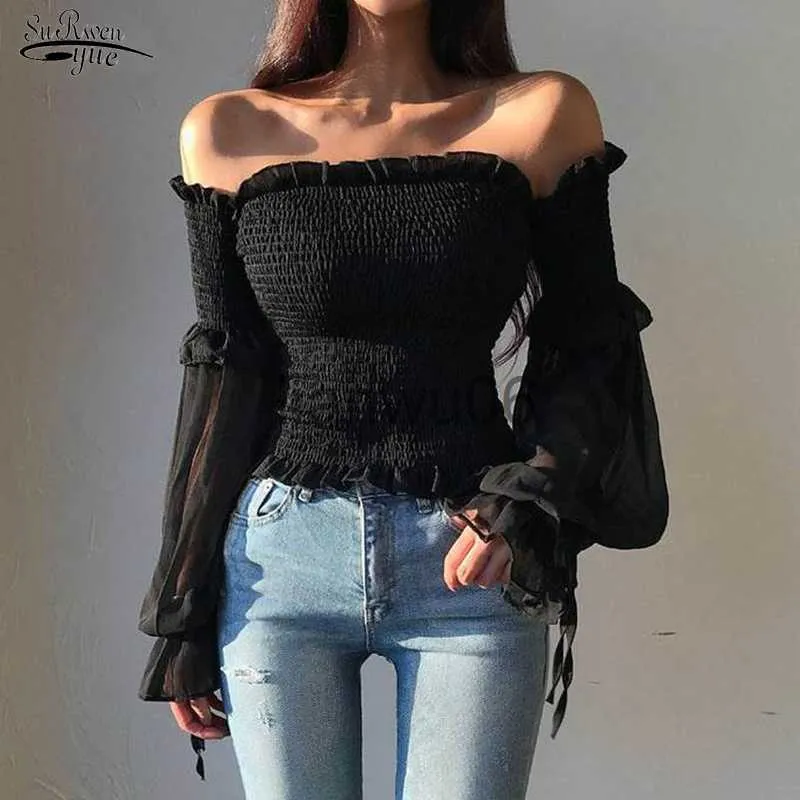 Women's Blouses Shirts Srping New Casual Long Sleeve Slash Neck Sexy Corset Top Blouses Lace Office Ladies Tops Solid Chiffon Shirt Blouses Women 12813 J230802