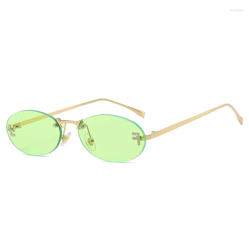 Sonnenbrille 2023 Cat Eye Sonnenbrille Weibliche Outdoor Shopping Shades Randlose Fahrbrille Retro Buchstabe Oval