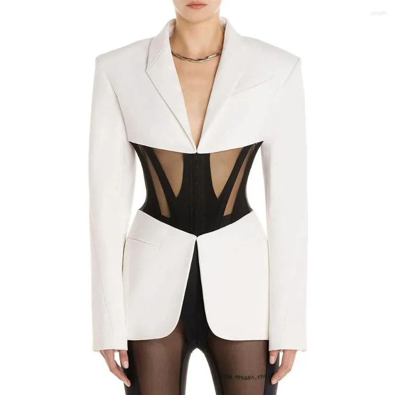 Women's Jackets 2023 Wear Black White Sexy Mesh Splice Corset Details Suit High Quality Blazer Jacket