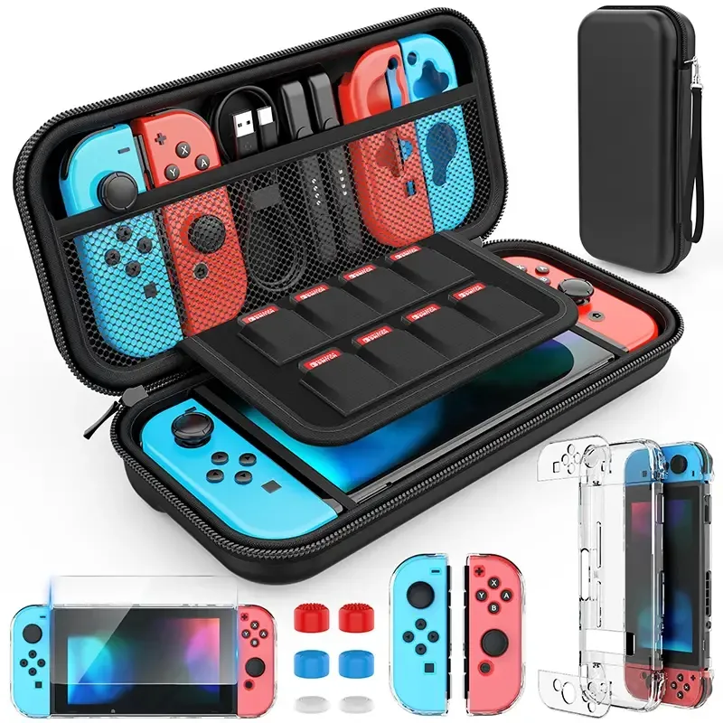 Switch Case Compatible With Nintendo Switch, 9 In 1 Switch Accessories With 8 Pouch Carrying Case, PC Protective Cover Case, HD Switch Screen Protector