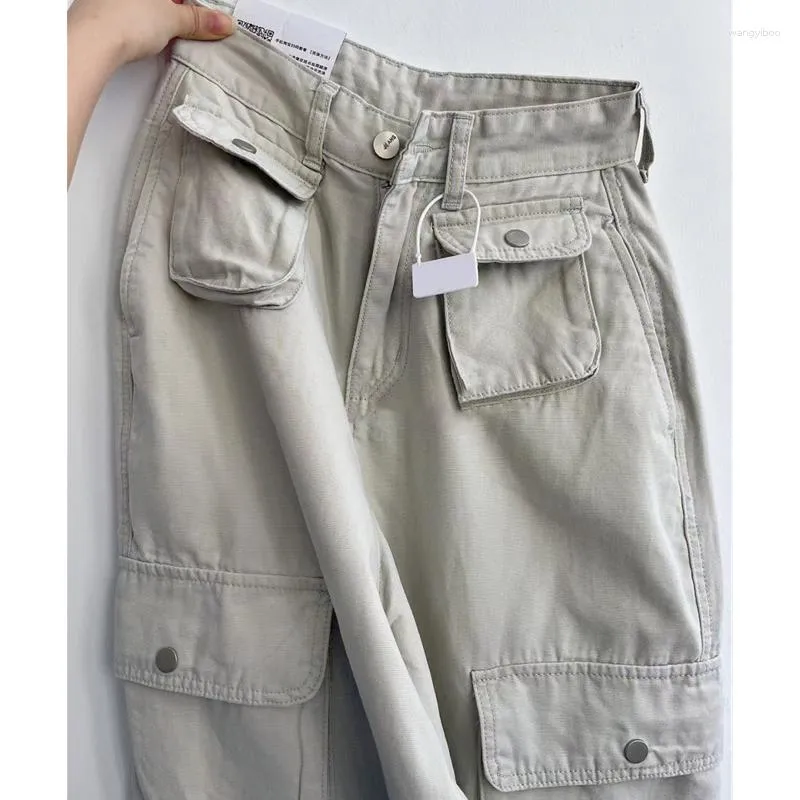 Women's Jeans Women Vintage Beige High Waist Cargo Pants Fashion Pocket Baggy Straight Y2K Wide Leg Street Mopping Trouser Ladies Summer