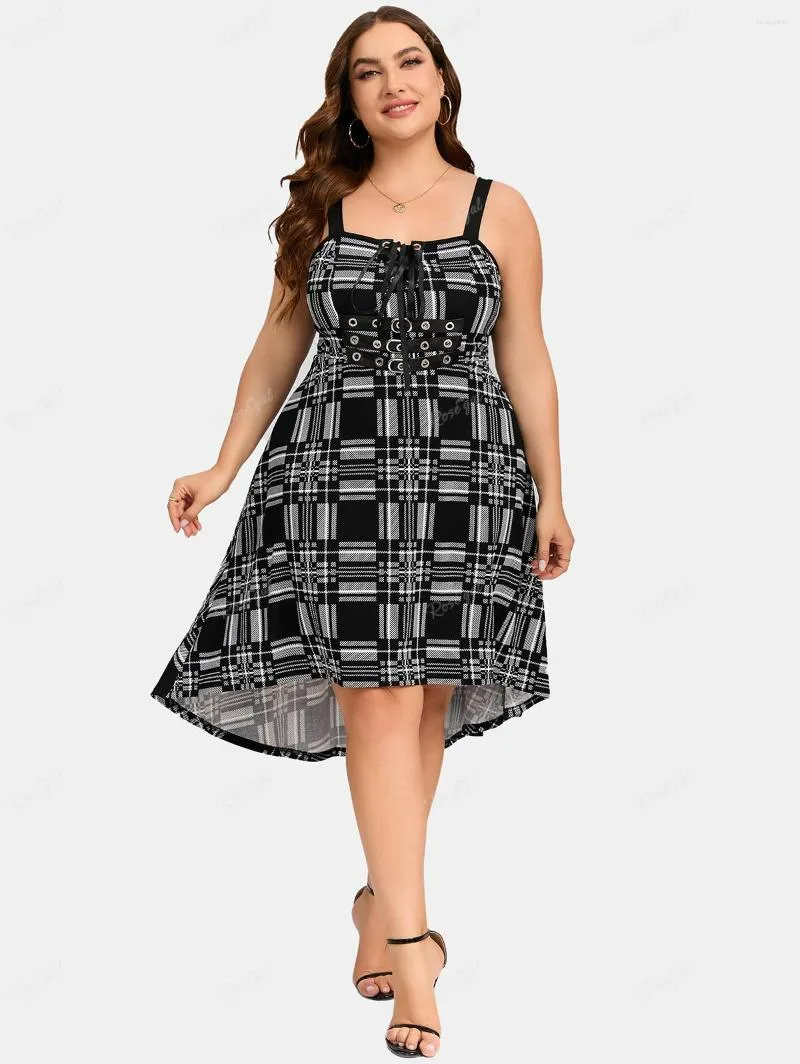 Casual Jurken ROSEGAL Plus Size Vintage Lace-up Grommet Plaid Hoge Lage Midi Vestidos Vrouwen Zomer Empire Taille backless Jurk 5XL