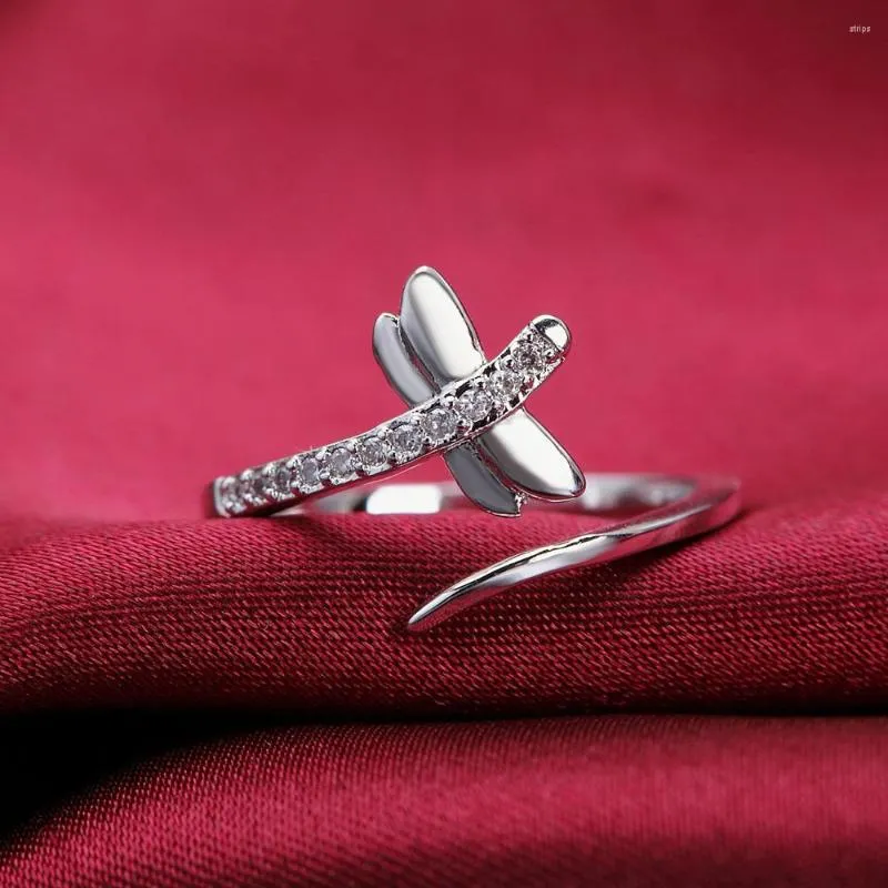 Cluster-Ringe Charm 925 Sterling Silber für Frauen 18 Karat Gold Kristall Libelle einfach verstellbar Mode Hochzeit Party Geschenke Schmuck