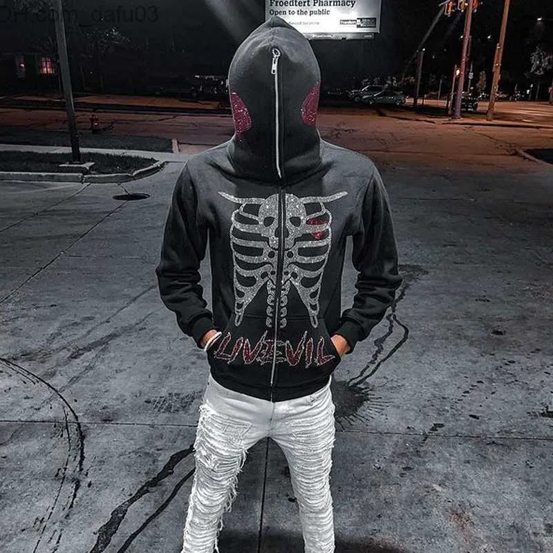 Moletons masculinos Y2k Emo Street Garment Hoodie Moletom com zíper Fairy Grunge Puxa para cima Oversized Diamond Skull Jaqueta gótica com capuz Z230802