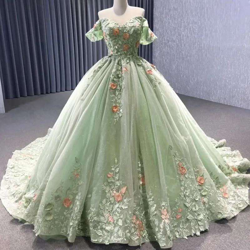 Sparkling Sage Green Quinceanera Princess Evening Gown With 3D