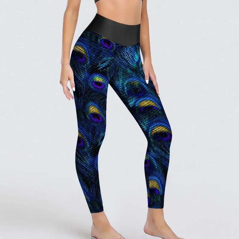 Calças Active com penas de pavão azuis leggings femininas para yoga com estampa de animais sexy vintage leggins esportivas elásticas para malhar