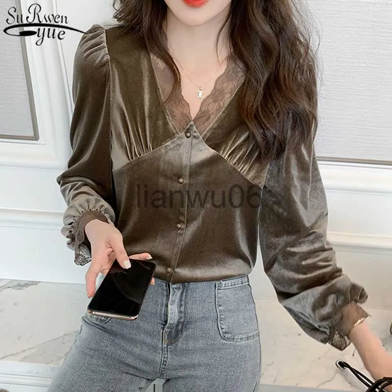 Femmes Blouses Chemises 2021 Printemps Nouvelle Dentelle Sexy Blouse Coréenne Mince Col En V Blouse Femmes Or Velours À Manches Longues Chemise De Mode Vêtements 12627 J230802