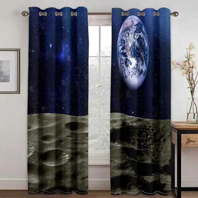 Curtain 3D Print Night Starry Sky Earth Stars Milky Way Moon 2 Pieces Thin Window For Living Room Bedroom Decor