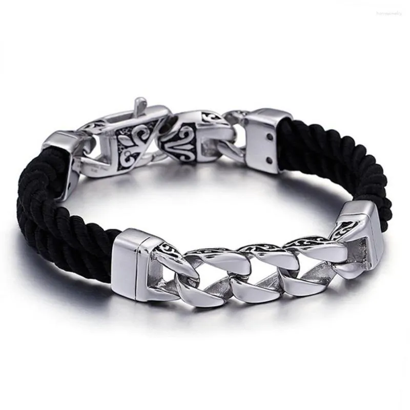 Link Armbänder Punk Stil Edelstahl Kette Leder Armband Schwarz 220mm Armreifen Männer Vintage Männliche Geflecht Schmuck Für