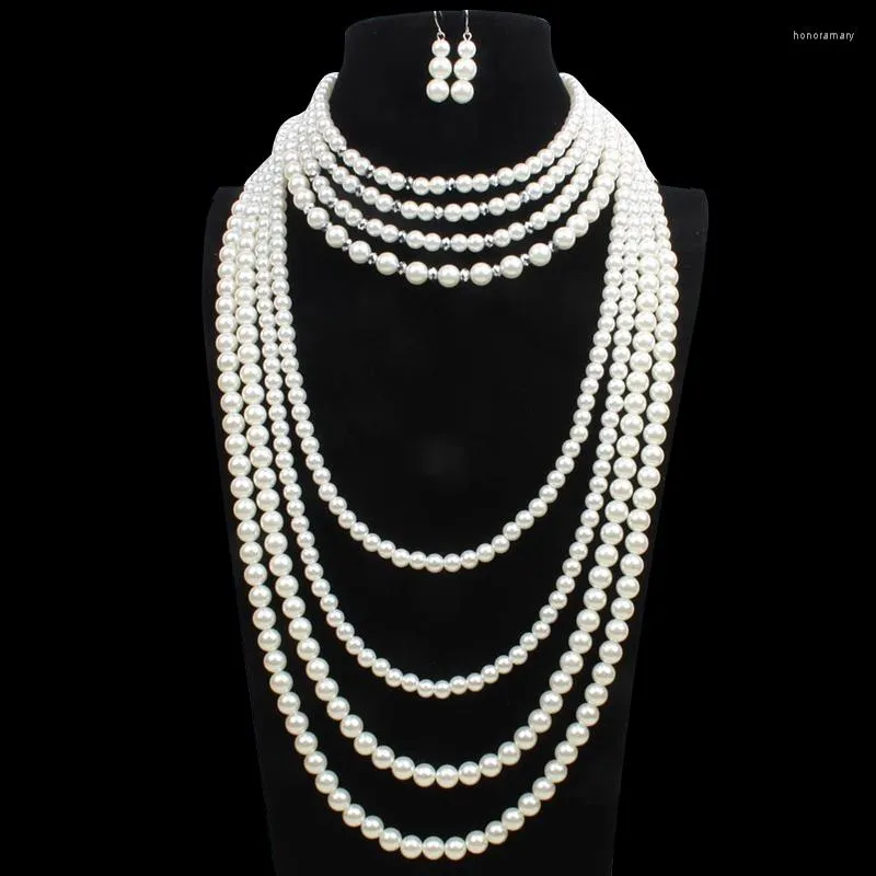 Halskette Ohrringe Set Multi Layer Lange Perle Kristall Anhänger Fashion Statement Kragen Party Schmuck Nigerianischen Hochzeit Zubehör