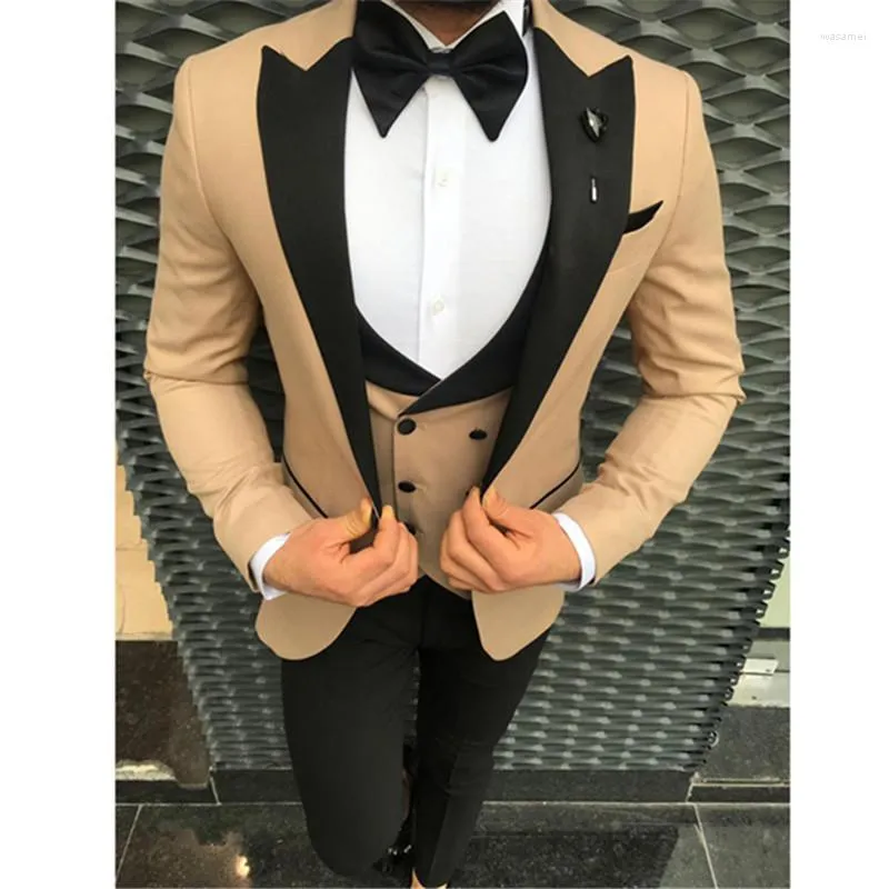 Men's Suits Fashion Champagne Groom Tuxedos Slim Fit Tailor Made Groomsmen Prom Party 3 Pieces Blazer Costume Homme