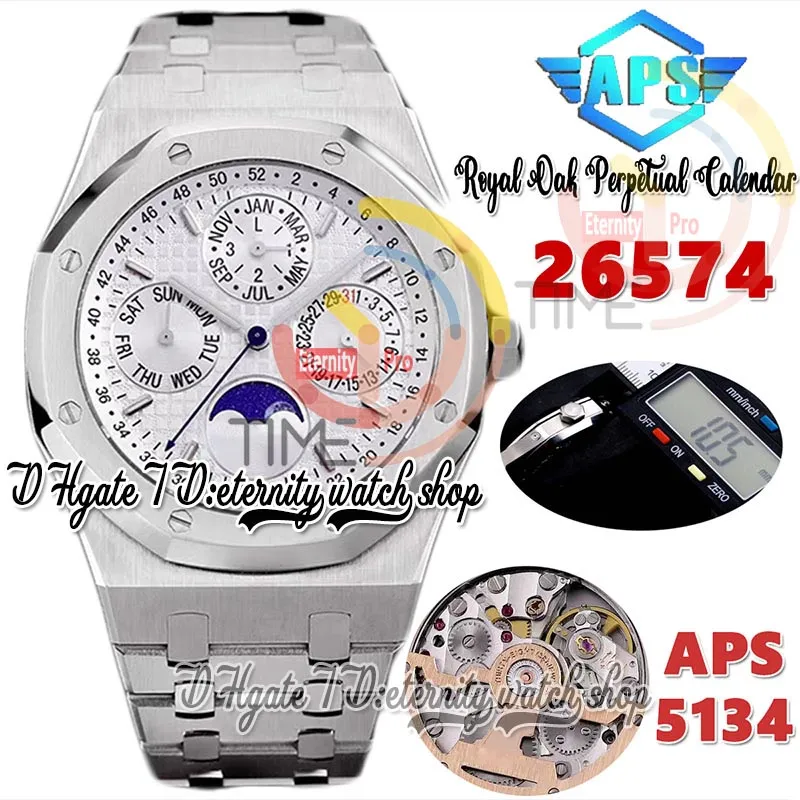 APSF aps26574 Calendario perpetuo Cal.5134 A5134 Reloj automático para hombre Superlumed White Textured Dial Fase lunar Pulsera de acero inoxidable Super eternity Relojes