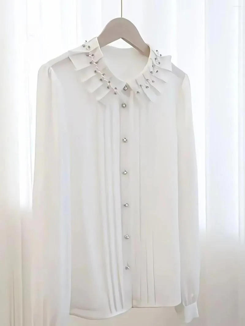 Women's Blouses 2023 Spring Shirt Long-sleeved Blouse Diamond Studded Beaded Heavy Design Feeling Thin Top Trend