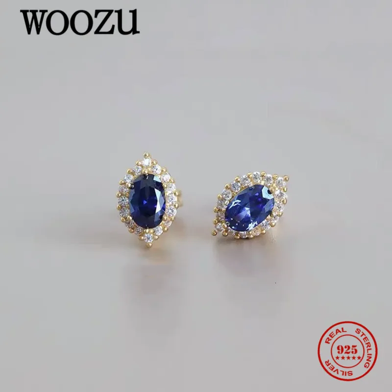 Stud WOOZU 14k Gold Plated 925 Sterling Silver Fashion Blue Pave Crystal Zircon Earrings For Women Party Hip Hop Jewelry Gift 230801