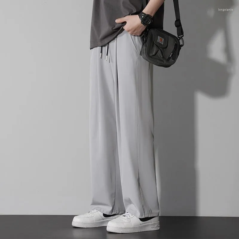 Erkek pantolon buz ipek elastik yaz rahat spor pantolonlar hong kong tarzı gevşek düz paspas moda markası ince örtülü