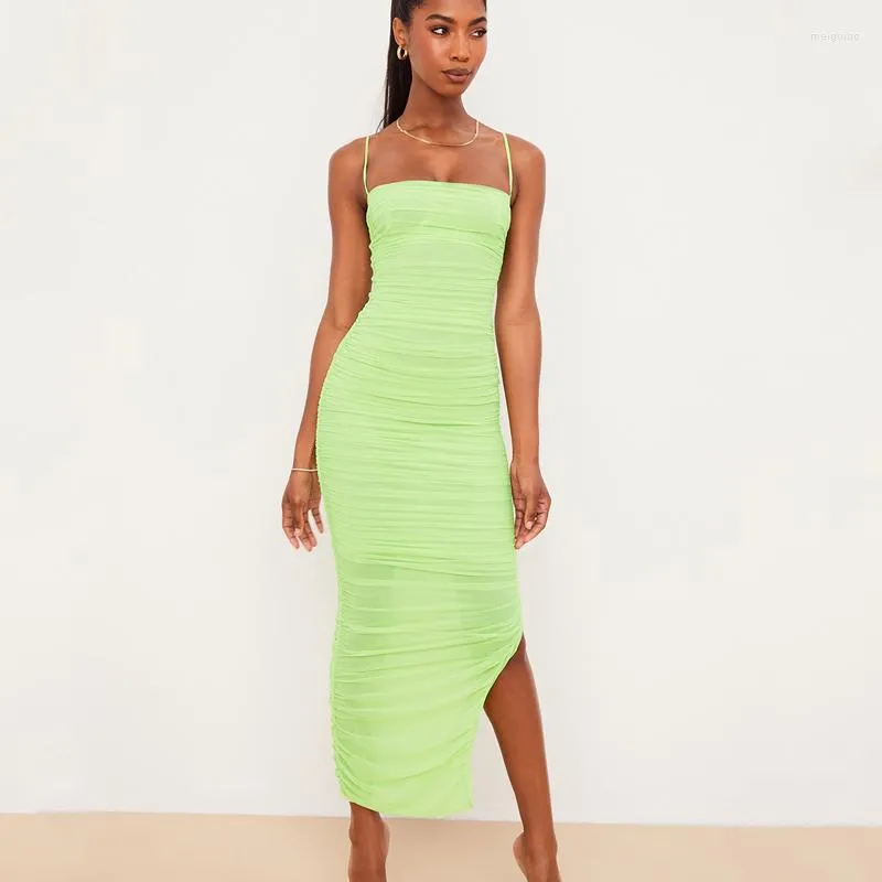 Casual Dresses Inspiration Niche Temperament Women's Fluorescent Green Backless Dress Tight Pleated Zou Side Slit Long Suspender