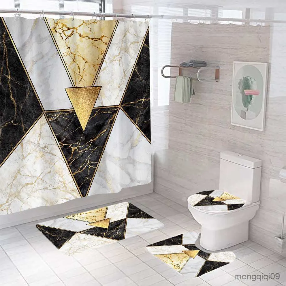 Conjunto de cortina de chuveiro de luxo em mármore com tapete antiderrapante, tapete de banho moderno, cortinas de banheiro, tampa de vaso sanitário, decoração de casa R230802