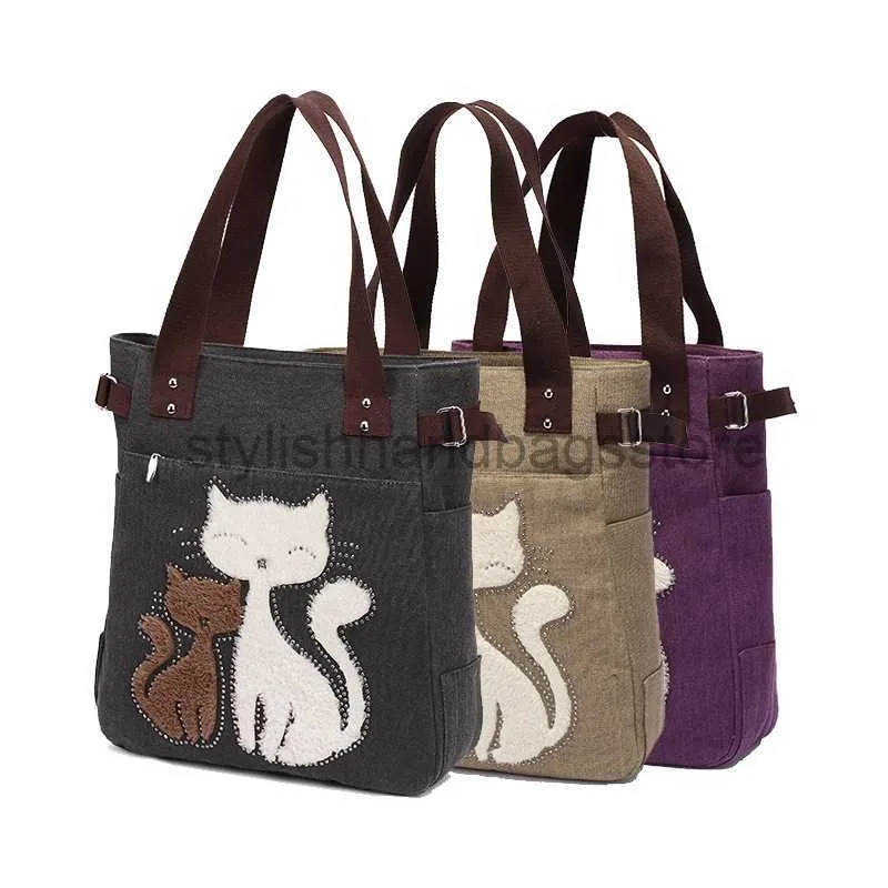 Totes söt och söt kattduk handväska lämplig för flickor stor kapacitet casual väska kvinnors bärbara solida dragkedja axelväska bolsos mujertylishhandbagsstore