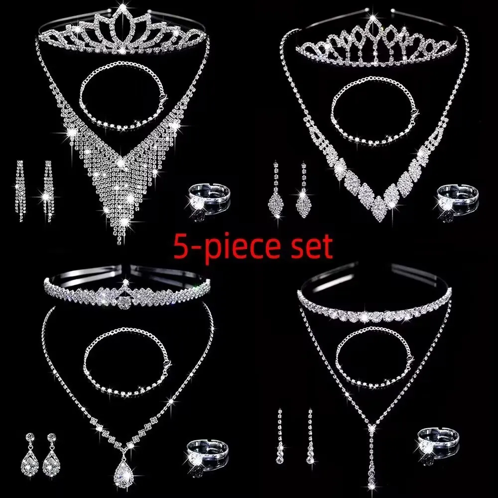 Wedding Jewelry Sets Ladies Fashion Hair Band Necklace Children's Birthday Party Earrings Bracelet Ring 5 Pieces Set Bridal Accessories 230801