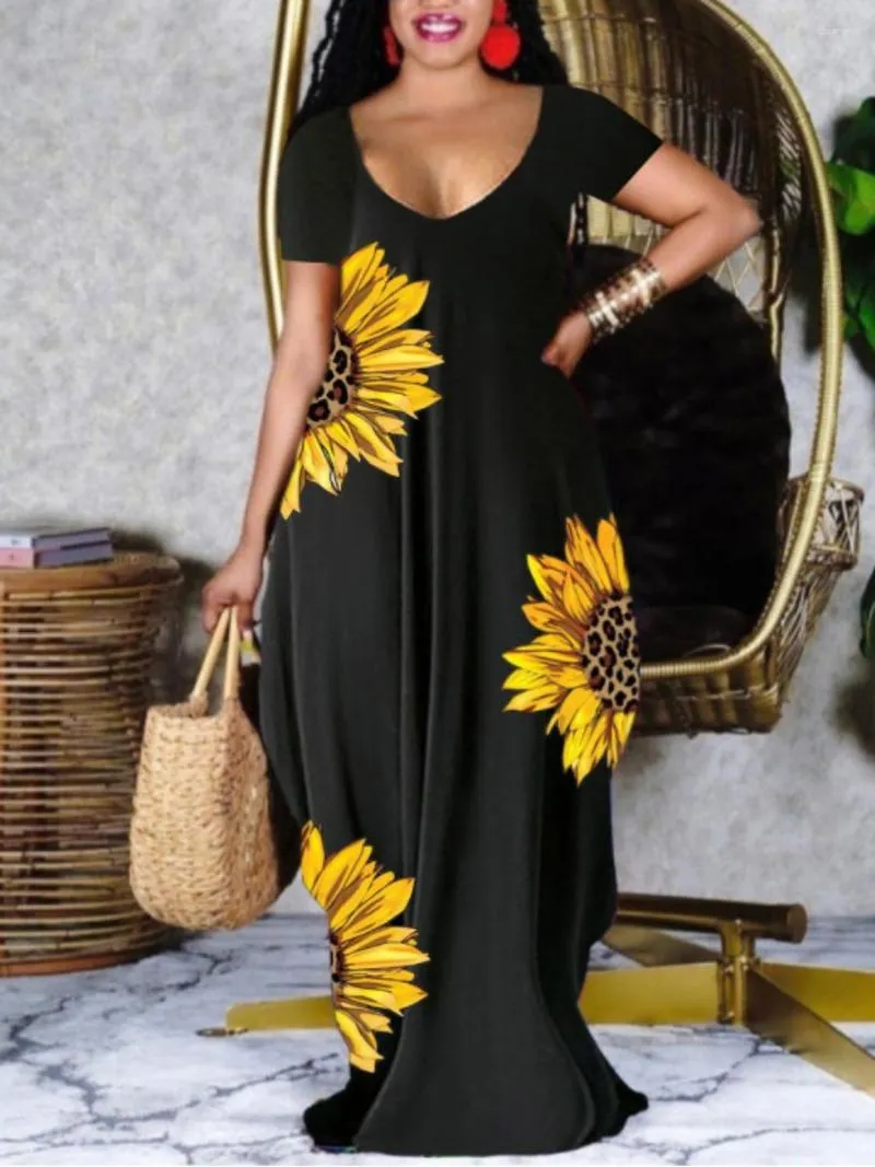 Plus Size Dresses LW Boho Ladies Casual Loose U-Neck Short Sleeve Beach Party Wear Sunflower Print Women Maxi Dress