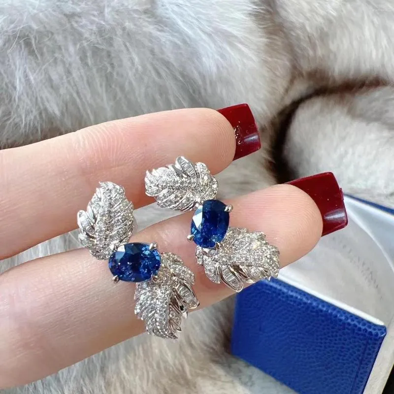 Oorknopjes 925 Zilveren Veer Oorbel Bling Blauw Zirkoon Vrouwen Eenvoudige Temperament Prachtige Fijne Sieraden 2023