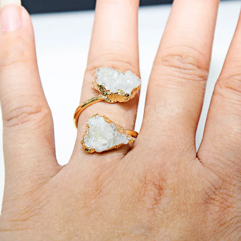 Unregelmäßiger Druzy-Kristall-offener Ring, goldener handgefertigter Naturstein-Fingerschmuck, verstellbare Größe mit Goldrand