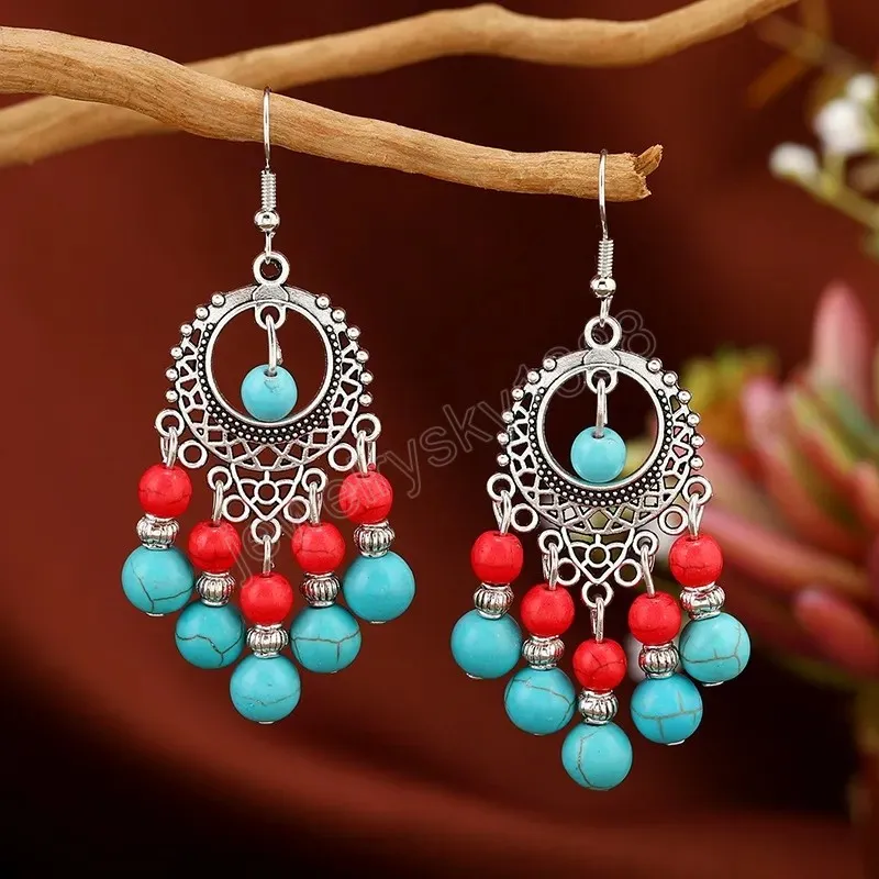 Vintage Ethnique Bleu Rouge Perles Gland Boucles D'oreilles pour les Femmes Boho À La Main Argent Couleur Creux Dangle Boucle D'oreille Bijoux