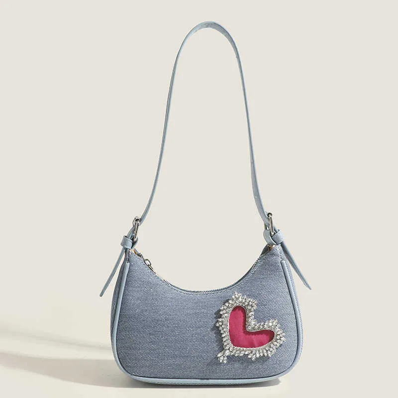 Y2K Denim Canvas Rhinestone Love Heart Shoulder Bag Hobo Popular Denim Bag Underarm Bag Women with High-end Sense of Love and Personality