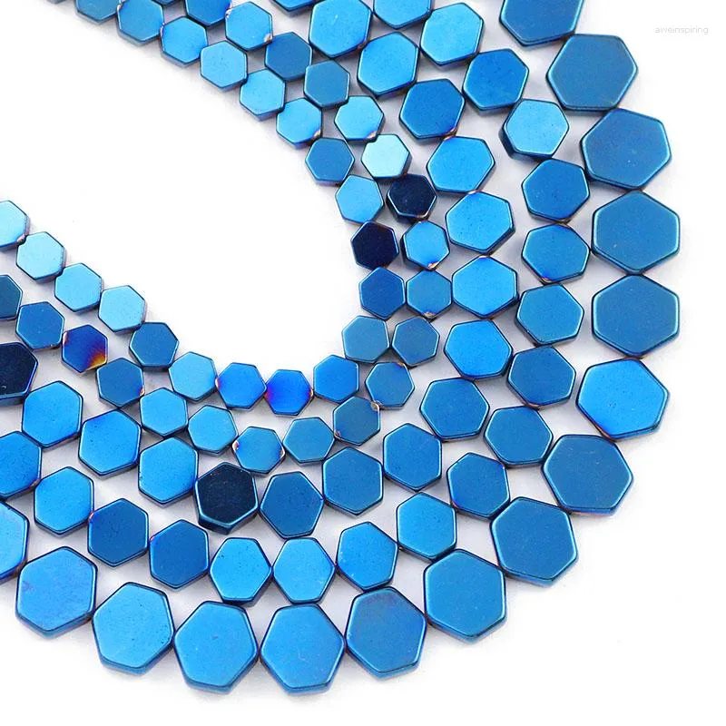 Pärlor 4/6/8mm Blue Flat Hexagon Hematite Natural Stone Spacer Loose For Smycken Making DIY Handgjorda armband Halsband Fynd