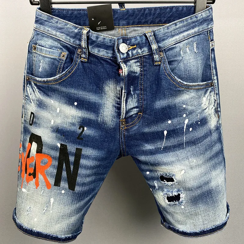 Jeans masculino Calças estampadas de cinco peças, shorts justos de algodão elástico, roupas masculinas europeias e americanas, jeans com marca d'água