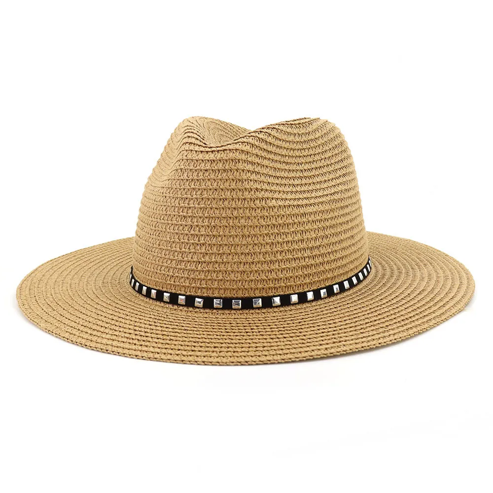 Summer Sun Hats for Women Rivet Wide Brim Straw Panama Hat Outdoor Seaside Beach Sun Shade Cap Fedora Hat Sombrero Para Mujer