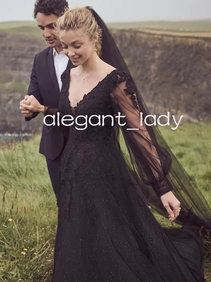 Fairy Long Sleeve Black Gothic Wedding Dress Lace Applique V-Neck Backless Tulle Skirt Bridal Gown from Dhgate A-Line Wedding Dresses - price 158.8 Fairy Long Sleeve Black Gothic Wedding Dress Lace Applique V-Neck Backless Tulle Skirt Bridal Gown from Dhgate A-Line Wedding Dresses - price 158.8