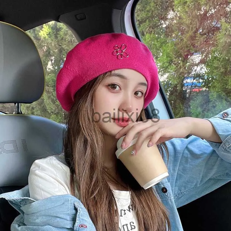 Stingy Brim Hats Korean Rose Red Beret Spring and Summer Thin Section Breathable Wild Retro Loose Knitted Painter Hat Cute Japanese Women's Hats J230802