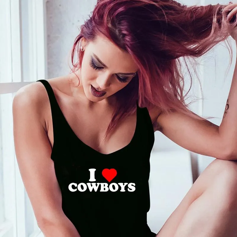 Débardeurs pour femmes I Love Cowboy Débardeurs sans manches drôles Coton Y2k Hors de l'épaule Sexy Vêtements de fête Gothique Graphic Tee Streetwear Girls