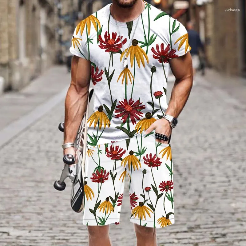 Herren -Trailsuiten Sommer Männer Shorts Set 3D Tropical Plant Blumen Print Hawaiian Hemd und Strand Feiertagskleidung zweiteilige Strandbekleidung