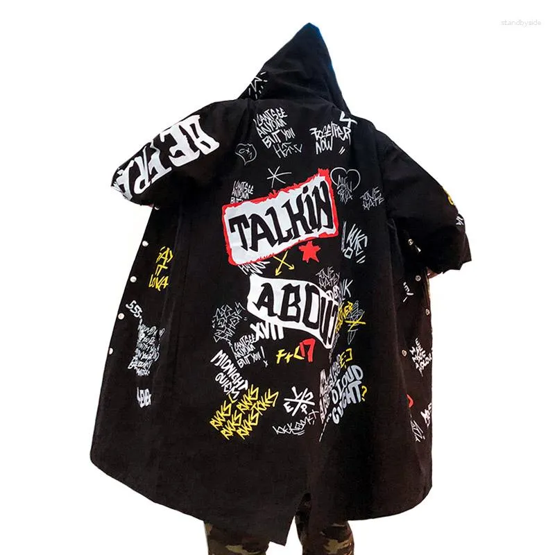 Men's Graffiti Trench Coat: Spring Autumn Hooded Windbreaker Long, Loose,  Hip Hop Style Dovetail Outerwear Streetwear Essential