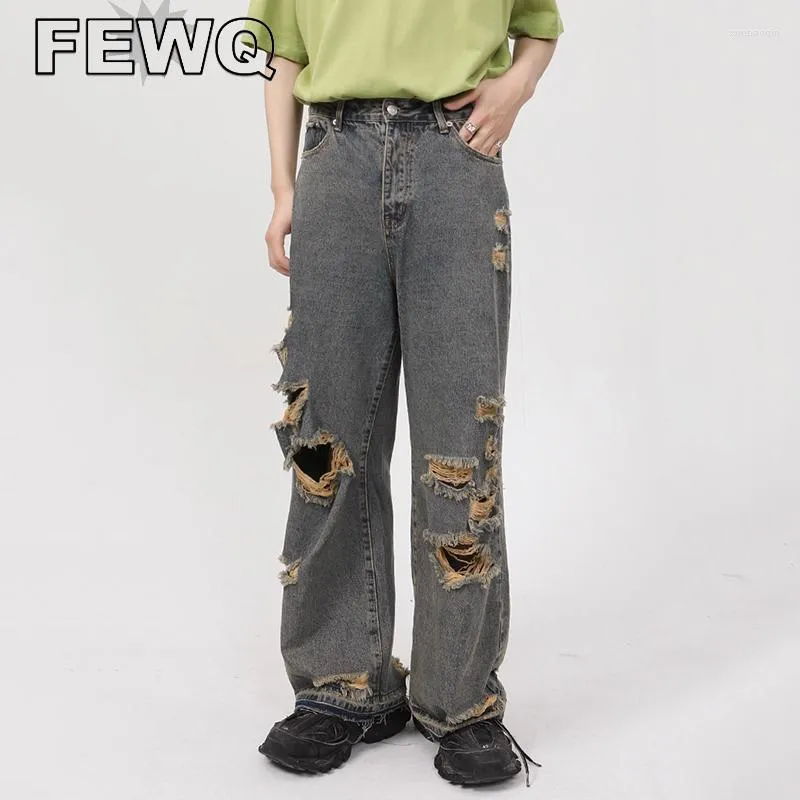 Männer Jeans FEWQ Vintage Y2k Ripped High Street Männliche Gerade Denim Hosen Bettler Hosen Casual 2023 Frühling Mode 9A3171