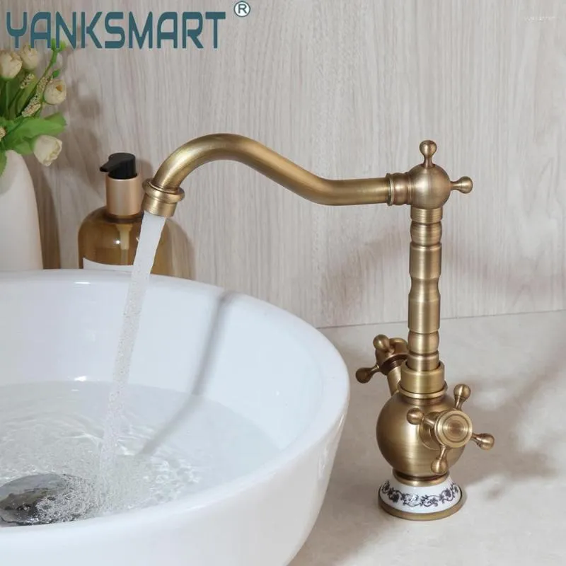 Bathroom Sink Faucets YANKSMART Antique Brass Faucet Dual Handle Basin Swivel Deck Mount Ceramic Base Washbasin Mixer Water Tap