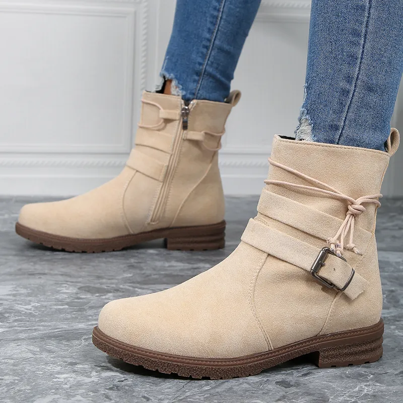 Laarzen Faux Suede Gesp Cowboylaarzen Vrouwen Herfst Zijrits Westerse Laarzen Vrouw Lage Hakken Platform Cowgirl Enkel Botas Grote Maat 230803