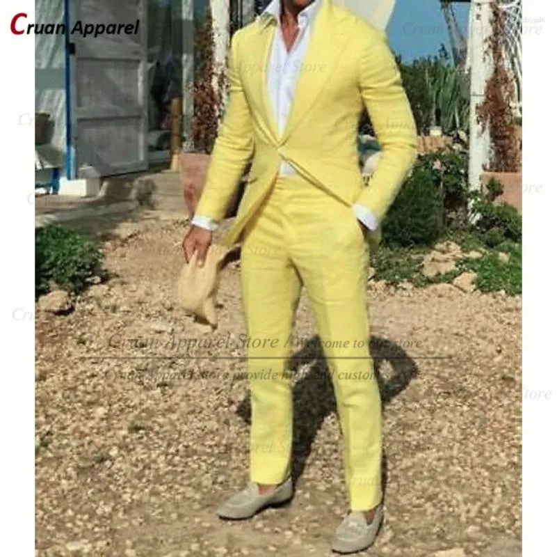 Men's Suits Tailor-made Light Yellow Mens For Wedding Slim Fit Linen Beach Groomsmen Groom Tuxedo Summer Business Blazer Pants 2Pcs