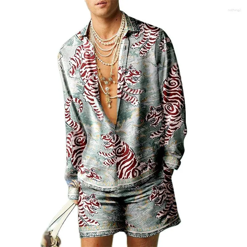 Hommes survêtements Vintage chemises ensemble tigre imprimé été à manches longues deux pièces hawaïen plage chemise 2023 mode rue hauts