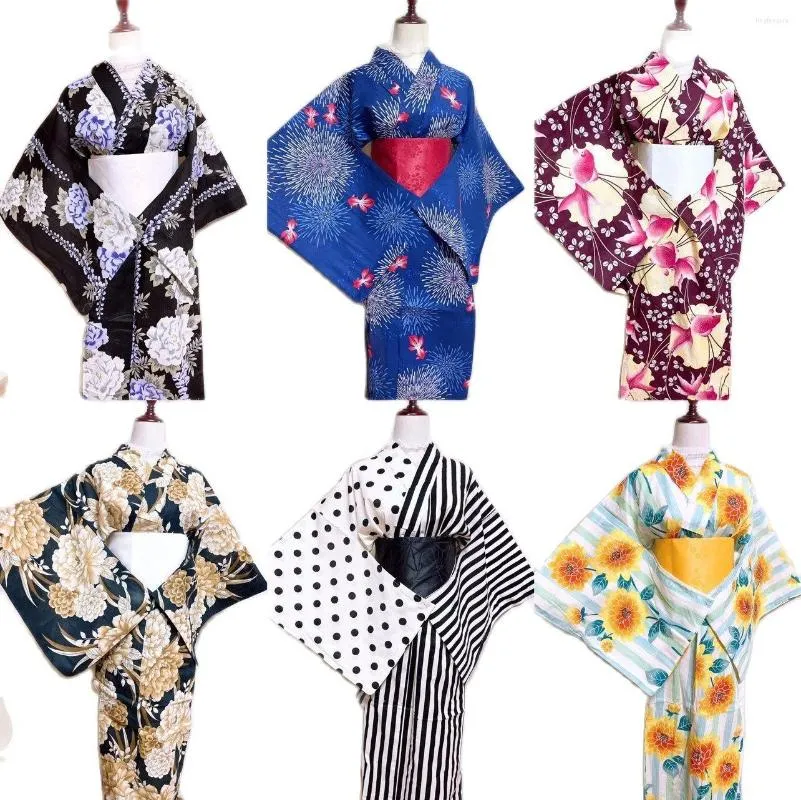 Ethnic Clothing Japanese Kimono With Obi Female Traditional Style Cotton Fabric Retro Po Pography Yukata Halloween Cosplay Girls Dress