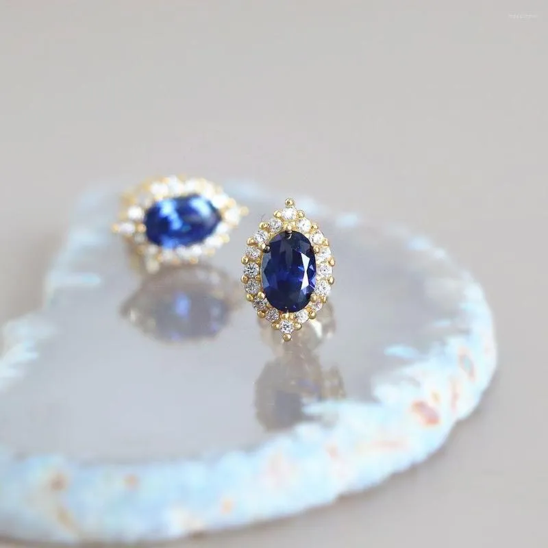 Boucles D'oreilles Clous Fille Française Vintage Bleu Royal Spinelle S925 Plaqué Argent Et Purs Trous D'oreille