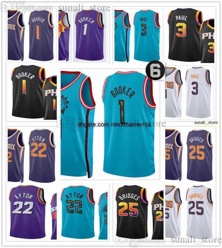 2022-23 Cidade Turquesa Basquete Jerseys Devin Booker 1 Chris Paul 3 Deandre Ayton 22 Mikal Bridges 25 Declaração Roxo Branco Preto Edição Mens Mulheres Crianças Y