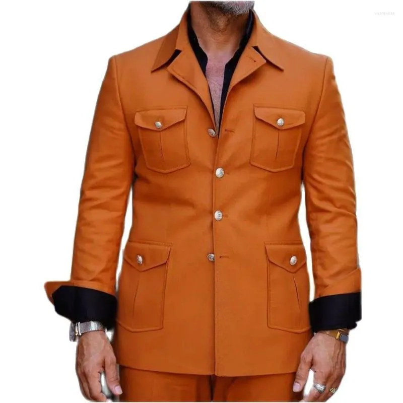 Ternos masculinos design de bolso masculino laranja 2 peças conjunto gola virada para baixo casaco de outono calça jaqueta designer de negócios baile de formatura